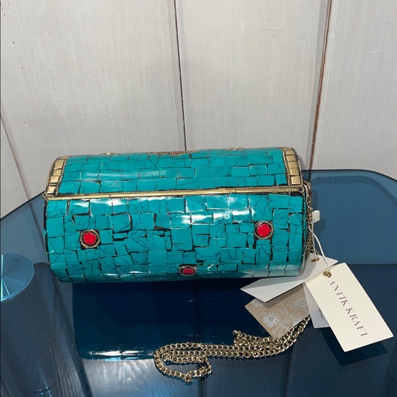 Antik Kraft Mosaic Turquoise Accented Clutch Shoulder Crossbody Chain Strap Bag - Picture 2 of 9
